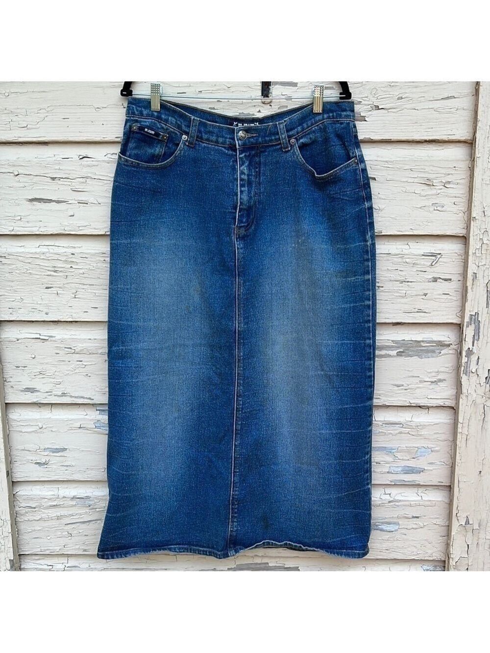 Vintage Hi Jeans 90S Denim Maxi Distressed Whiskering Column Skirt H1